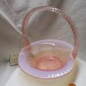 Vintage Fenton Art Glass Opalescent Ribbed Basket ~Twisted Handle marked Fenton